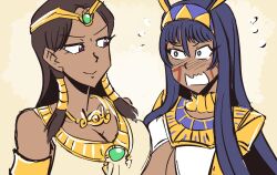  angry animal_ears before_and_after blue_hair blush body_paint breast_press breasts brown_hair cleavage cleavage_cutout clothed crossover dueling_hypnotists egyptian embarrassed fate/grand_order fate_(series) female_only gold headdress ishizu_ishtar jackal_ears jewelry large_breasts long_hair majinsfw necklace nitocris_(fate/grand_order) pink_eyes scared simple_background smile sweat tan_skin yellow_background yu-gi-oh! yuri 