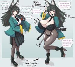 absurdres bangs before_and_after bimbofication black_lipstick boots border brain_drain breast_expansion corruption dialogue eyeshadow female_only femsub fingerless_gloves gloves gradient_background heart_eyes high_heels hoshimi_miyabi huge_breasts jacket large_breasts large_lips latex leggings lip_expansion lipstick looking_at_viewer moffin posing prosthetic_limb puckered_lips red_eyes shirt simple_background skirt speech_bubble standing straight-cut_bangs symbol_in_eyes text thighhighs tie v zenless_zone_zero