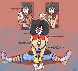  afro age_regression attack_on_titan before_and_after bimbofication brain_drain breast_expansion cleavage clown clown_girl clownification coupytf femsub happy_trance hypnotic_gas mikasa_ackerman sequence suspenders text transformation 
