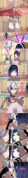  absurdres angry animal_ears anoni_hypno arlecchino_(genshin_impact) aware black_eyes blue_hair body_control bunny_ears bunny_girl bunnysuit clothed dialogue english_text eye_color_change fake_animal_ears female_only femsub genshin_impact green_eyes multiple_girls multiple_subs pink_eyes short_hair text white_hair yelan_(genshin_impact) 