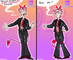  before_and_after clothed confused demon_boy dialogue fangs horns imp knees_together male_only malesub mx_driftdrop pink_hair simple_background smile speech_bubble standing suit tail text tie watermark 