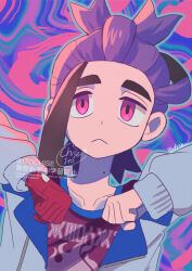 aura clothed dancing expressionless eye_color_change gloves kieran_(pokemon) male_only malesub mochi_dance mole nintendo orange_(orangelv20) pokemon pokemon_scarlet_and_violet purple_eyes purple_hair signature solo