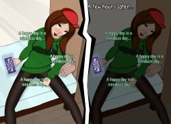  before_and_after brown_eyes brown_hair cap clothed drool esbypno eye_roll female_only femsub happy_trance hypnotic_app hypnotic_screen long_hair mantra open_mouth original robin_amberwood_(shyestguy) sitting solo tech_control text tongue tongue_out 