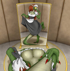  absurdres argonian breasts cleavage dragonborn_lizard_maid dress dress_lift fangs female_pov femsub happy_trance horns lizard_girl long_hair long_nails maid maid_headdress mirror nail_polish open_mouth pov pov_sub red_hair scalie smile tail the_elder_scrolls the_elder_scrolls_v tongue tongue_out transformation transgender valsalia yellow_sclera 