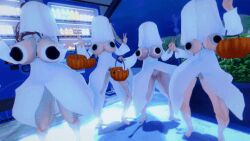 3d animated animated_gif bangs blonde_hair bottomless character_request crotch_tattoo dancing double_v erect_nipples erect_nipples_under_clothes female_only femsub ghost halloween huge_breasts koikatsu! long_hair multiple_girls multiple_subs navel nijisanji outdoors pasties ponytail pubic_hair pumpkin red_hair see-through sitri@f tattoo topless twintails v white_hair