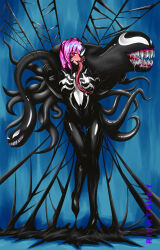 absurdres breasts female_only large_breasts long_tongue marvel_comics navel original pink_hair red_eyes rikatsuky smile spider-man_(series) super_hero symbiote tongue tongue_out venom_(marvel) 