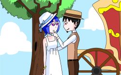 1-1 beard belt black_hair blue_hair breasts chin_hold dazed dress empty_eyes evil_smile expressionless femsub hat maledom open_mouth purple_eyes red_eyes ribbon short_hair small_breasts smile