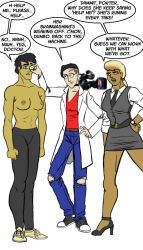 agent_blue_(trance-end-ant) alex_mahari_(trance-end-ant) blue_eyes breasts dr._porter_(trance-end-ant) earrings expressionless glasses high_heels jeans jewelry lab_coat original ponytail resisting scar scars shoes short_hair short_skirt text tights torn_clothes trance-end-ant