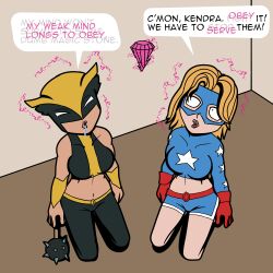  altered_perception blonde_hair dc_comics drool english_text female_only femsub hawkgirl isankura justice_league_unlimited kneeling long_hair magic open_mouth stargirl super_hero text 