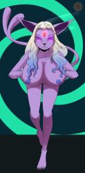  bottomless breasts espeon female_only femdom furry glowing glowing_eyes katsiika large_breasts looking_at_viewer multicolored_hair nintendo nude pokemon pokemon_(creature) pov pov_sub spiral topless wisp_(hypnoticespeon) 