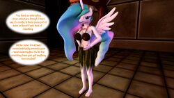 3d absurdres breasts cleavage cuddlycarlos dialogue female_only femsub furry horse_girl huge_breasts large_breasts long_hair multicolored_hair my_little_pony princess_celestia text unaware underwear western wings