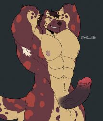 abs armpits erection flexing furry happy_trance himbofication hyena_boy large_balls large_penis male_only malesub melaisen muscle_boy nude solo spiral_eyes transformation