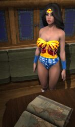 3d bare_shoulders black_hair boots breasts cleavage collarbone dc_comics expressionless female_only femsub huge_breasts leotard long_hair member9 red_lipstick solo standing standing_at_attention super_hero thick_thighs wonder_woman