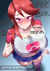  age_regression bandage blush clothed confused dialogue enbitonbi english_text erect_nipples erect_nipples_under_clothes femsub glasses hard_translated lorelei nintendo pokemon pokemon_red_green_blue_and_yellow red_eyes red_hair steam tattoo text translated 
