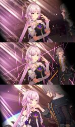  3d absurdres bangs bare_shoulders breasts chin_hold clothed comic femdom femsub fu_xuan_(honkai_star_rail) glowing_eyes grey_hair hair_ornament honkai_star_rail koikatsu! long_hair pink_hair puppet small_breasts sparkle stelle_(honkai_star_rail) taihou1944 tied_hair twintails yellow_eyes 
