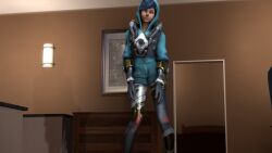 3d animated_gif blue_hair clothed defeated eye_roll happy_trance hoodie mind_break mind_hack overwatch seamless smile tracer trance_break uniform yellow_eyes