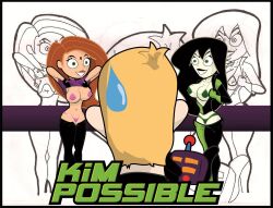  black_hair bodysuit disney empty_eyes expressionless femsub happy_trance hypnotic_accessory kim_possible kim_possible_(series) long_hair maledom microchip red_hair ron_stoppable shego shirt_lift tech_control text undressing western 