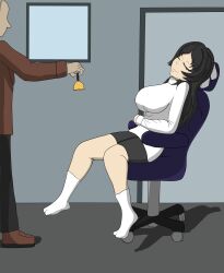 androgynous_dom bell black_hair breasts femsub hair_ribbon happy_trance lihua_yu_(mindwipe) lillytank long_hair original shorts sitting sleeping smile socks sweater