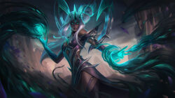 alternate_costume alternate_hair_color alternate_hairstyle angry aura bare_shoulders body_markings breasts corruption crown crystal dark_skin earrings eyeshadow female_only femsub ghost glowing glowing_eyes hypnotic_smoke jewelry karma_(league_of_legends) league_of_legends long_hair magic makeup marie_magny official ruination runny_makeup smoke solo tears thighhighs thighs unhappy_trance white_hair