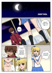  angry bed blonde_hair blue_skirt blush breasts brown_hair comic corruption doggos_doujins empty_eyes fairy_tail femsub large_breasts lucy_heartfilia maledom raiha short_hair sitting skirt text 