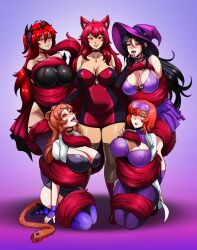  absurdres animal_ears anno_(anno) black_hair breasts choker cleavage coils drool erect_nipples erect_nipples_under_clothes female_only femdom femsub hat kanani_(mamaclockie) kitsune_girl kneeling large_breasts long_hair looking_at_viewer mina_morgan_(somebodyiusedtohypno) mitsuko_(goddessmitsuko) mole multiple_girls multiple_subs multiple_tails open_mouth orange_hair original red_hair restrained shinzu short_hair smile sonia_(the_goddess_sonia) standing tail tongue tongue_out witch_hat 