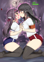  aura black_hair blush breasts clothed defeated energy_drain eye_color_change female_only femdom femsub gal_gun gameplay_mechanics gym_uniform heart heart_eyes holding_hands hypnotized_dom hypnotized_hypnotist kissing kneeling lipstick_mark long_hair minase_(takaoka_nanase) mini_kurona possession red_eyes shinobu_kamizono socks sweat symbol symbol_in_eyes thighs yuri yurina_gozu 
