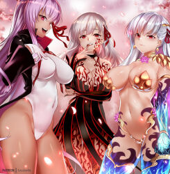 alternate_costume alternate_hair_color angra_mainyu bb_(fate/extra_ccc) breasts choker cleavage dark_sakura evil_smile expressionless fate/extra_ccc fate/grand_order fate/stay_night fate_(series) femsub finger_to_mouth gloves happy_trance kama_(fate/grand_order) large_breasts long_hair looking_at_viewer midriff multiple_girls multiple_persona multiple_subs navel nyarlathotep possession red_eyes sakura_matou smile swimsuit white_hair zasshu