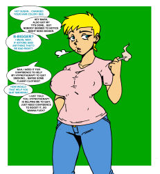  absurdres altered_common_sense altered_perception blonde_hair blue_eyes breasts crazycowproductions erect_nipples erect_nipples_under_clothes femsub indifferent jeans large_breasts original pants short_hair smoking susan_(crazycowproductions) text tomboy unaware 