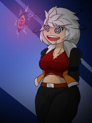 absurdres disguised_hypnotist drool genderswap happy_trance original spiral_eyes standing standing_at_attention symbol_in_eyes transformation white_hair