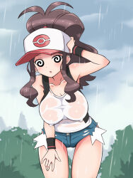  blush breasts brown_hair erect_nipples expressionless female_only femsub frostbyte_(manipper) hand_on_head hat hilda large_breasts manip nintendo open_mouth pokemon pokemon_black_and_white spiral_eyes symbol_in_eyes wet_clothes 