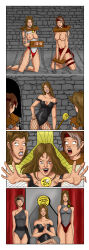 absurdres before_and_after bondage breasts brown_hair comic corruption darkchaosblack femdom femsub fishnets kneeling large_breasts long_hair magic multicolored_hair multiple_girls open_clothes open_mouth original short_hair shrunken_irises spiral_eyes standing standing_at_attention symbol_in_eyes topless torn_clothes traditional western white_hair