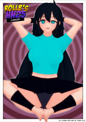black_hair blue_eyes blush clothed comic dialogue dragon_girl femsub long_hair maledom panties rollb skecchyartist skirt spiral_eyes text