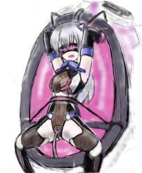 armpits arms_above_head bangs boots breasts cables cleavage corruption female_only femsub gloves grey_hair hakujumaru hasumi leotard long_hair mission_mermaiden open_mouth opera_gloves restrained see-through sex_machine simple_background sketch spread_legs tech_control thigh_boots thighhighs vaginal visor white_background wires