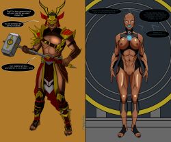 absurdres bottomless breasts comic corruption expressionless femdom femsub genderswap happy_trance large_breasts megaguardain mortal_kombat nipples nude open_mouth pussy robotization shao_khan smile standing standing_at_attention text topless transformation transgender western