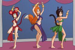  arms_above_head bare_legs barefoot black_hair blue_eyes bracelet cat_girl cleavage dancer empty_eyes fox_girl green_eyes happy_trance harem_outfit jewelry long_hair mouse_girl multiple_girls multiple_subs mythkaz navel orange_hair red_hair short_hair smile underboob yellow_eyes 