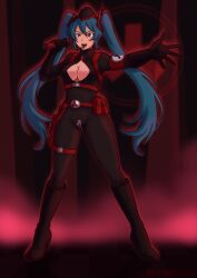 antenna arm_bands aura belt black_background blue_hair bodysuit boots cleavage female_only femsub gloves harness hat headphones microphone miku_hatsune open_mouth red_background red_eyes solo symbol twintails victoriamikoto vocaloid watermark zipper zz_valkyries_(exil)