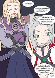 alternate_costume alternate_hair_color alternate_hairstyle blonde_hair blue_eyes comic crossed_arms dialogue english_text green_eyes karthus_(league_of_legends) league_of_legends long_hair male_only open_mouth short_hair speech_bubble sweat text vel viego_(league_of_legends) white_hair