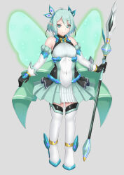  ahoge bare_shoulders before_and_after blue_eyes boots dress elf_ears female_only garoo_hoshi gloves green_hair grey_background hair_ornament high_heels kokkoro_(princess_connect) kouyoku_senki_exs-tia looking_at_viewer opera_gloves princess_connect! princess_connect!_re_dive short_hair simple_background skirt smile solo spear thigh_boots thighhighs weapon wings 
