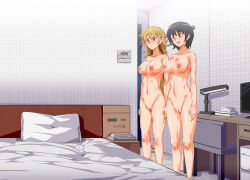  altered_common_sense ass black_hair blonde_hair bottomless breasts brown_eyes cleavage collarbone embarrassed erect_nipples female_only femsub happy_trance huge_breasts human_manipulation_item nude nyuu_(manekin-eko) pussy red_eyes standing standing_at_attention topless 