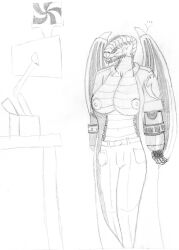  breasts breasts_outside dragon_girl dungeons_and_dragons empty_eyes expressionless furry greyscale large_breasts naranbaatar_blackclaw_(samuraicowboy231) open_clothes original prosthetic_limb samuraicowboy231 sketch spiral standing standing_at_attention tech_control traditional 
