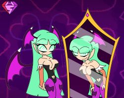  bat_wings darkstalkers femsub green_eyes green_hair hand_on_hip hypnoscream hypnotic_eyes leggings leotard mirror morrigan_aensland self_hypnosis smirk spiral_eyes spiralwash_eyes succubus wings 