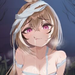 bandage blush breasts brown_hair drool femsub hololive hololive_english lucien_000298 manip meme missfortunedoom_(manipper) mumei_nanashi ring_eyes sweat tongue tongue_out