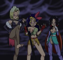android_18 black_hair blonde_hair blue_hair bottomless breasts clothed_exposure corruption dragon_ball empty_eyes fangs female_only femsub fishnets idpet launch long_hair multicolored_hair nude pov pov_sub pussy red_eyes short_hair topless transformation videl