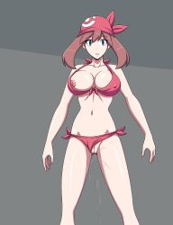 bikini electrickronos empty_eyes erect_nipples exposed_chest expressionless female_only large_breasts may pokemon pussy_juice squirting standing_at_attention tight_clothing wet