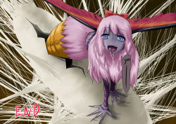  bug_girl cocoon corruption drool femsub monster_girl moth_girl open_mouth original pink_hair short_hair slit_pupils spiderweb stealth_moko text tongue tongue_out transformation wings 