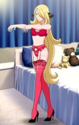  bed bedroom blonde_hair bra breasts complex_background cynthia empty_eyes female_only femsub garter_belt garter_straps hair_covering_one_eye high_heels jimryu large_breasts lingerie nintendo panties pokemon pokemon_(anime) pokemon_diamond_pearl_and_platinum solo thighhighs underwear very_long_hair watermark yellow_eyes zombie_walk 