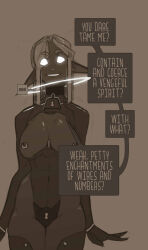  bare_breasts bodysuit cleavage cleavage_cutout clothed_exposure dark_skin electricity elf elf_ears eyebrows_visible_through_hair failed_hypnosis glowing_eyes grey_background hair_covering_one_eye heavy_eyelids hypnosuit_(cdlum) large_breasts long_hair looking_at_viewer nipple_piercing nipples original potlucksoup simple_background tech_control text thighhighs thighs tight_clothing trance_break white_hair whitewash_eyes wrist_band 