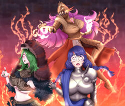 absurdres accord_(accord) armor dizzy_(dizzybranwen) draconisglow elden_ring ereme_(bobbette) female_only femdom femsub glowing_eyes green_hair large_breasts multiple_girls multiple_subs original pink_hair purple_hair