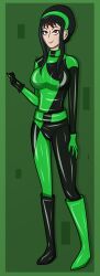  absurdres bodysuit boots choker clothed cosplay empty_eyes female_only femsub gloves hair_band hy2300 kim_possible_(series) microchip red_eyes shego simple_background smile solo spy_x_family standing tech_control yor_briar 