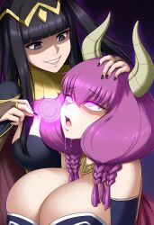 ai_art aura_(frieren:_beyond_journey&#039;s_end) black_hair braid cleavage confused crossover drool empty_eyes evil_smile eye_roll fire_emblem fire_emblem_awakening frieren:_beyond_journey&#039;s_end hand_on_head huge_breasts hypnotic_orb lillytank_(generator) novelai_(ai) open_mouth purple_hair ring_eyes tharja twintails